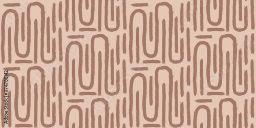 Abstract marker lines seamless pattern. Labyrinth grunge stroke endless background. brown brush ink shapes repeat cover. Tribal monochrome ornament. Vector hand drawn illustration.