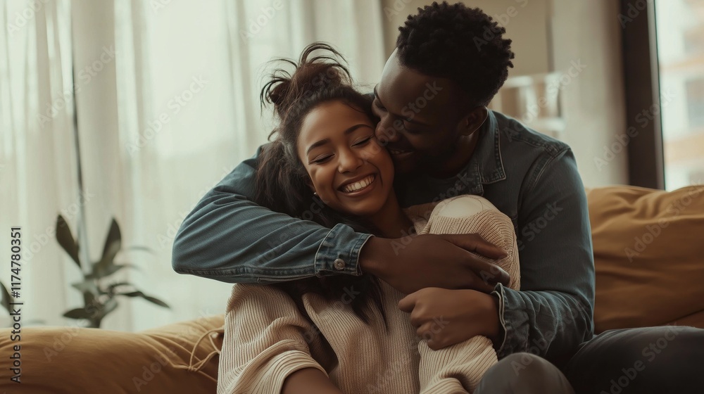 A man and woman share a warm hug on a comfortable couch, their laughter filling the cozy living room. Sunlight pours in through large windows, creating a joyful atmosphere