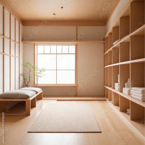 Wallpaper Mural A minimalist, Muji-style wooden room with a Japandi interior design, exuding a sense of spaciousness and tranquility, awaits cleaning and organization Torontodigital.ca