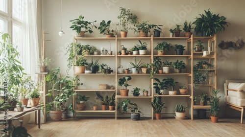 A Scandinavian living room with clean, open shelving, potted plants, and a simple, neutral color palette creating a calming atmosphere.