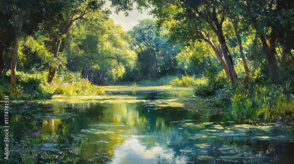 Tranquil Summer Scene: A Serene Pond in the Lush Forest Tranquil Summer Scene: A Serene Pond in the Lush Forest