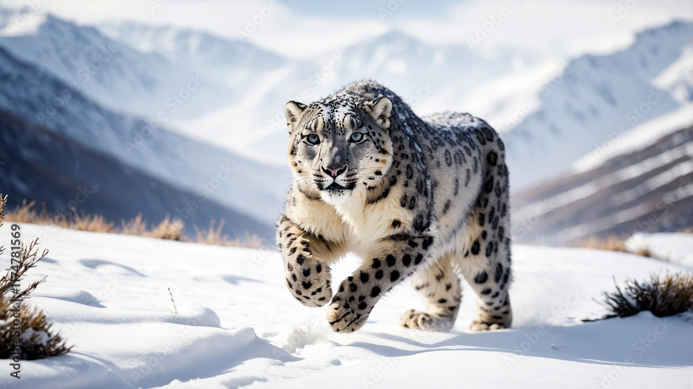 Snow Leopard Running Through a Snowy Landscape in Winter Snow Leopard Running Through a Snowy Landscape in Winter