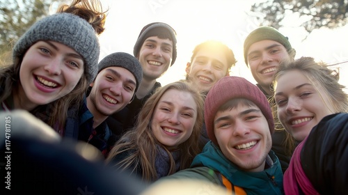 A cheerful group of young friends poses together under the warm glow of the sun, their bright smiles reflecting the happiness of their shared moment
