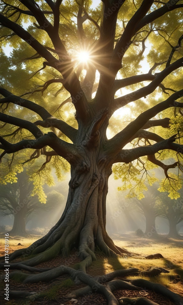 Fototapeta premium Tree foliage and sunlight interaction in old oak tree, forest floor, sunlight interaction