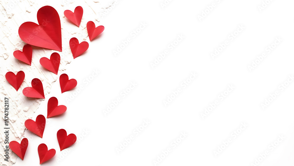 Background with a collection of red paper made hearts scattered and spreading on the white background with copy space. Perfect for Valentine greetings, love, 14 February background. Background with a collection of red paper made hearts scattered and spreading on the white background with copy space. Perfect for Valentine greetings, love, 14 February background.