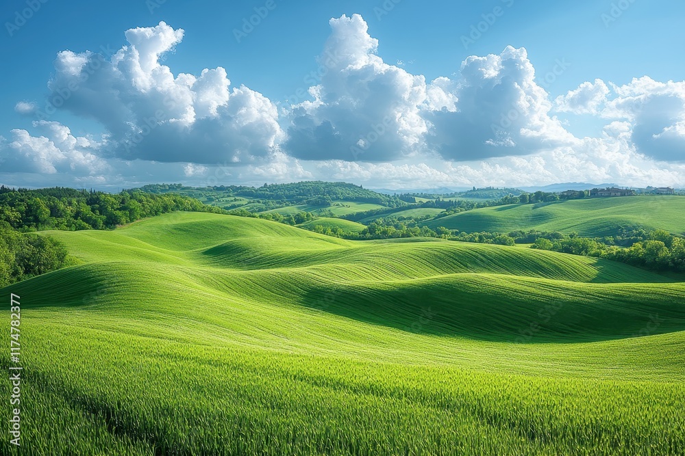 Fototapeta premium Vibrant green hills under a bright blue sky with fluffy clouds in a serene landscape