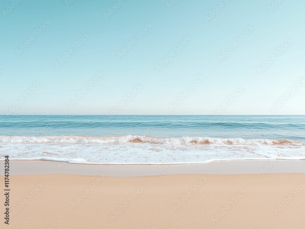 A serene beach scene featuring gentle waves lapping at golden sand under a clear blue sky. A serene beach scene featuring gentle waves lapping at golden sand under a clear blue sky.