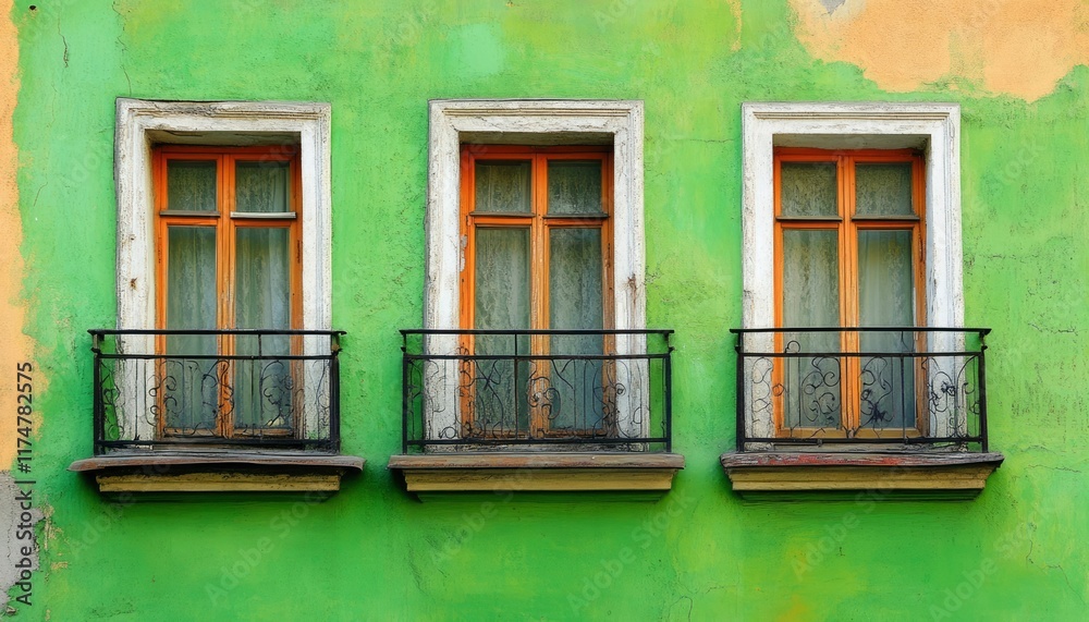 Fototapeta premium Three Old Windows With Balconies On A Green Wall