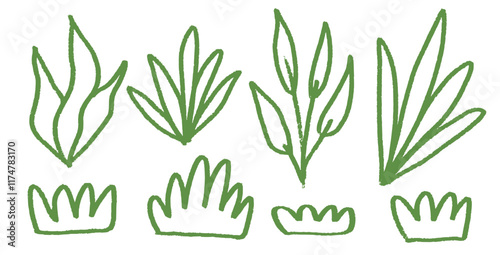 Grass and leaves crayon drawn set. Spring plants stroke doodle. Summer floral kids elements. Chalk or pastel style childish shape. Vector naive pencil illustration isolated on white background.