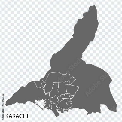 High Quality map of Karachi is a the city of Pakistan, with borders of the regions. Map Karachi for your web site design, app, UI. EPS10.