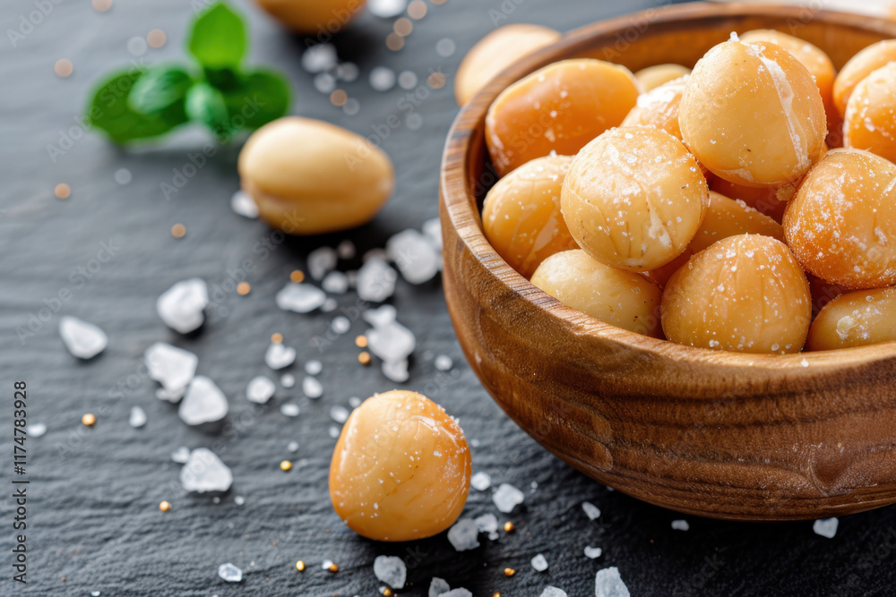 A wooden bowl filled with salted macadamia nuts, surrounded by coarse sea salt on a dark slate surface, creating a rustic and savory snack presentation.
