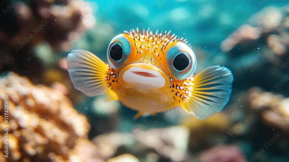 Obraz premium Adorable Porcupinefish Close-Up Underwater