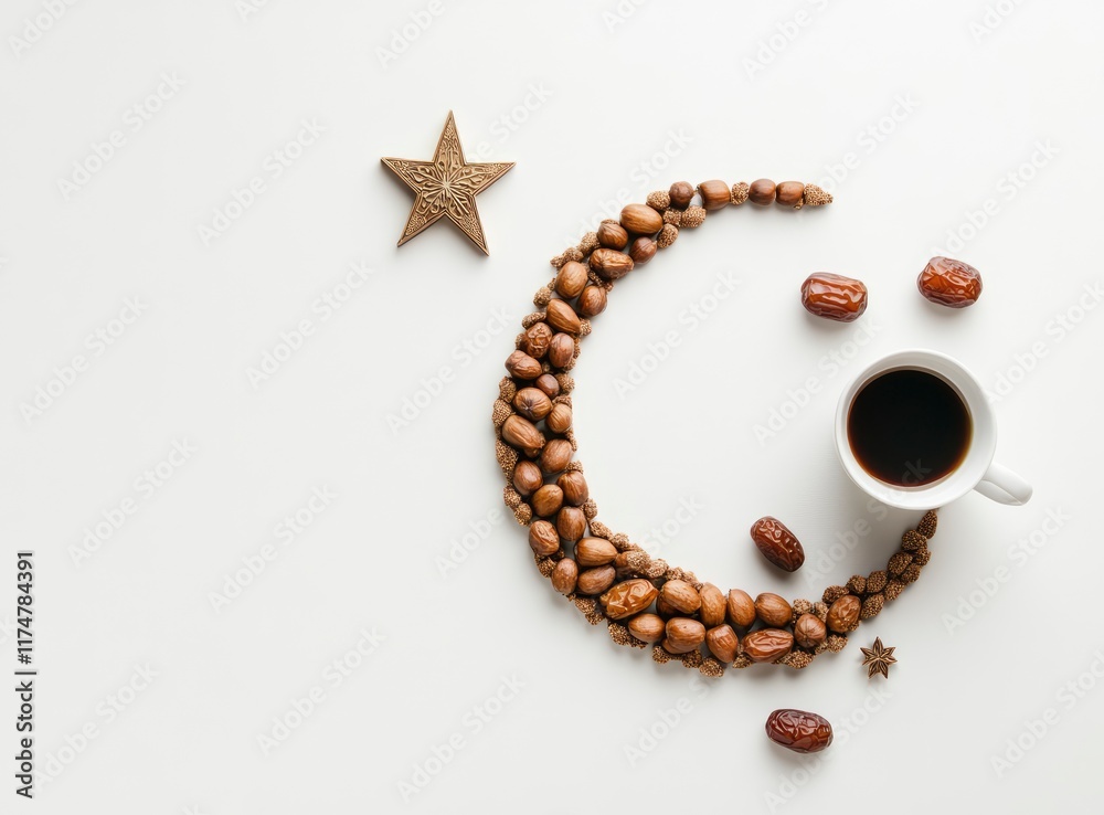 Photo of Ramadan food and drinks on a white background, top view, flat lay with copy space for text or message. A crescent moon, decorated with star-shaped nuts and dates, is placed next to a Muslim Photo of Ramadan food and drinks on a white background, top view, flat lay with copy space for text or message. A crescent moon, decorated with star-shaped nuts and dates, is placed next to a Muslim