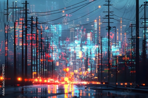 Wallpaper Mural Abstract Futuristic Technology and Market Data Background with Vibrant Electric Poles and Energy Torontodigital.ca