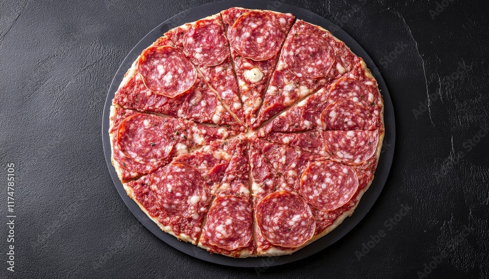 Photo of sliced pizza with salami and mozzarella on a dark background, top view. Space for text, stock photo. 2/3 space to put your logo in the center. Photo of sliced pizza with salami and mozzarella on a dark background, top view. Space for text, stock photo. 2/3 space to put your logo in the center.
