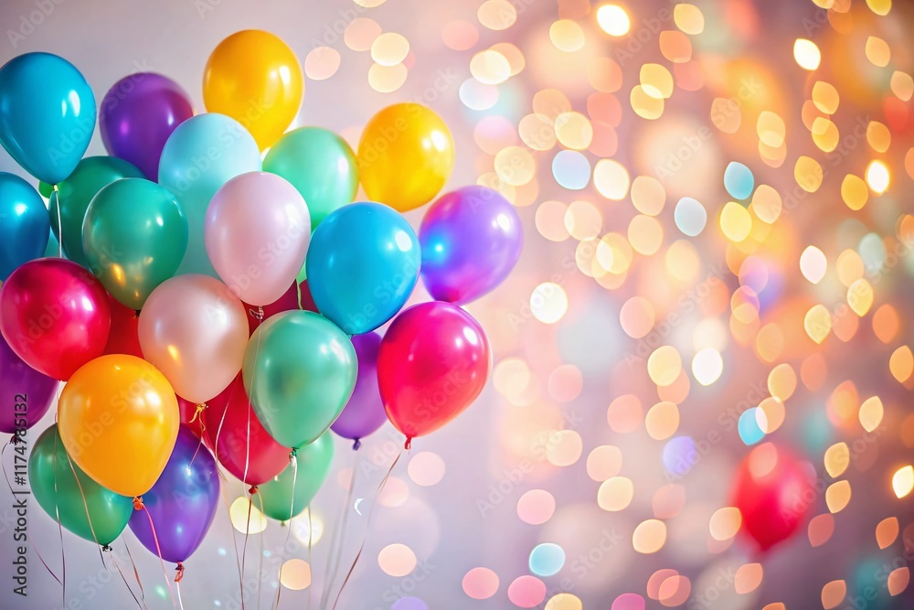 Colorful Balloons Floating Against a Blank Wall with Bokeh Background - Perfect for Copy Space Colorful Balloons Floating Against a Blank Wall with Bokeh Background - Perfect for Copy Space