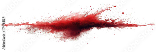 Minimalist blood splatter on a stark white background, abstract expression of chaos and emotion through vivid red contrasts.