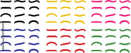 Ribbon banner bow colorful icon set. Decoration flat  vector collection isolated on transparent background. Element symbol for award, gift, flag, frame, poster, promotion, art, modern and more