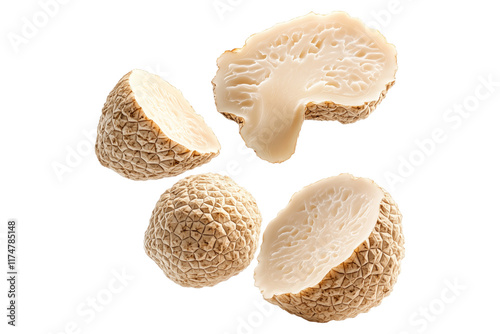 Fresh white truffles isolated on white transparent background, great for culinary and gourmet themes.