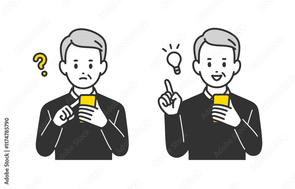 スマホを見て疑問を持つ･ひらめきのポーズをするシニア男性･高齢者のセット【人物ベクターイラスト素材】