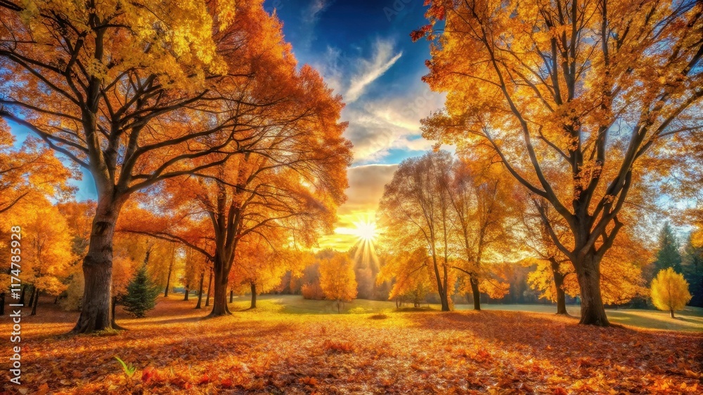 Fototapeta premium Golden autumn leaves illuminate a sun-drenched park, creating a picturesque scene of nature's vibrant beauty