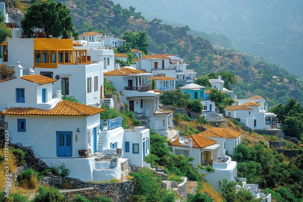 Obraz premium Colorful whitewashed houses nestled on a hillside in a picturesque village surrounded by mountains and greenery