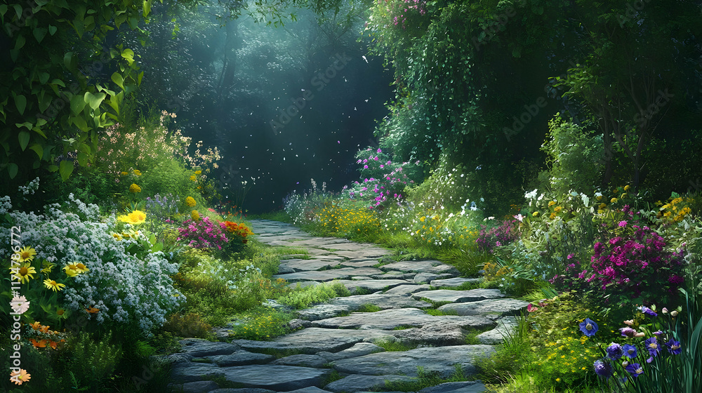 Enchanted stone path through a lush, flowering garden. Enchanted stone path through a lush, flowering garden.