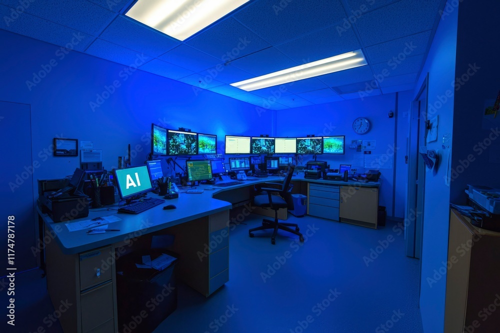 Modern Office Control Room with Multiple Monitors and AI Display Modern Office Control Room with Multiple Monitors and AI Display