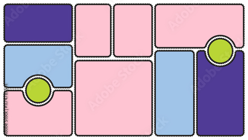 Scallop edged frame template. Bento collage grid shapes. Geometry modular moodboard borders with perforation. Label textboxes Lace frill pack. Trendy blocks blank layout. Vector flat illustration.