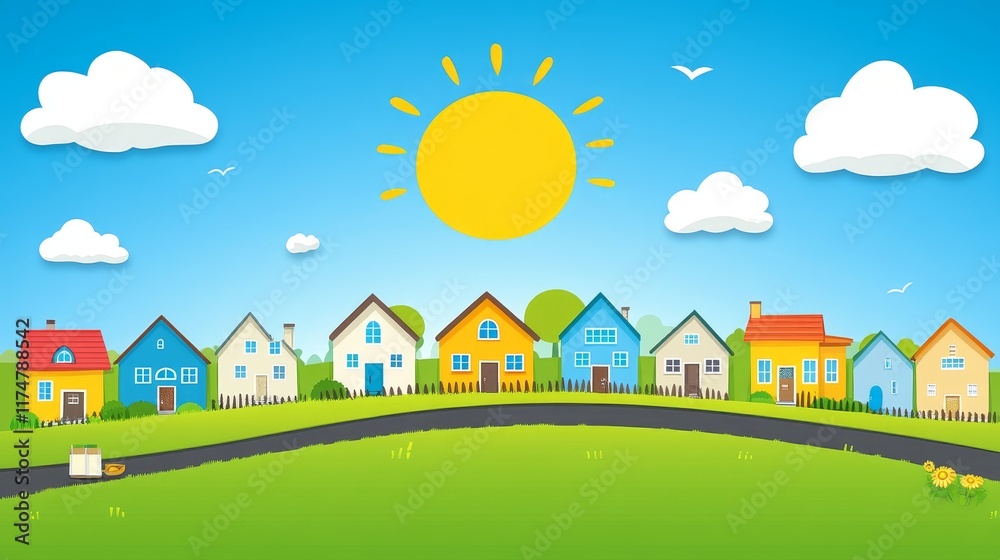 A cheerful row of colorful houses under a bright sunny sky A cheerful row of colorful houses under a bright sunny sky