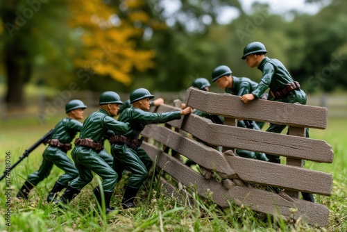 Miniature Army Soldiers Engaging in Tactical Training as They Climb Over a Wooden Barrier in a Green Outdoor Environment photo