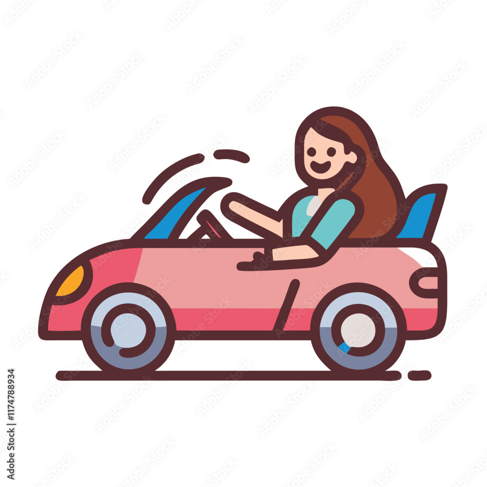 Cheerful Illustration of a Woman Driving a Pink Convertible Sports Car Cheerful Illustration of a Woman Driving a Pink Convertible Sports Car
