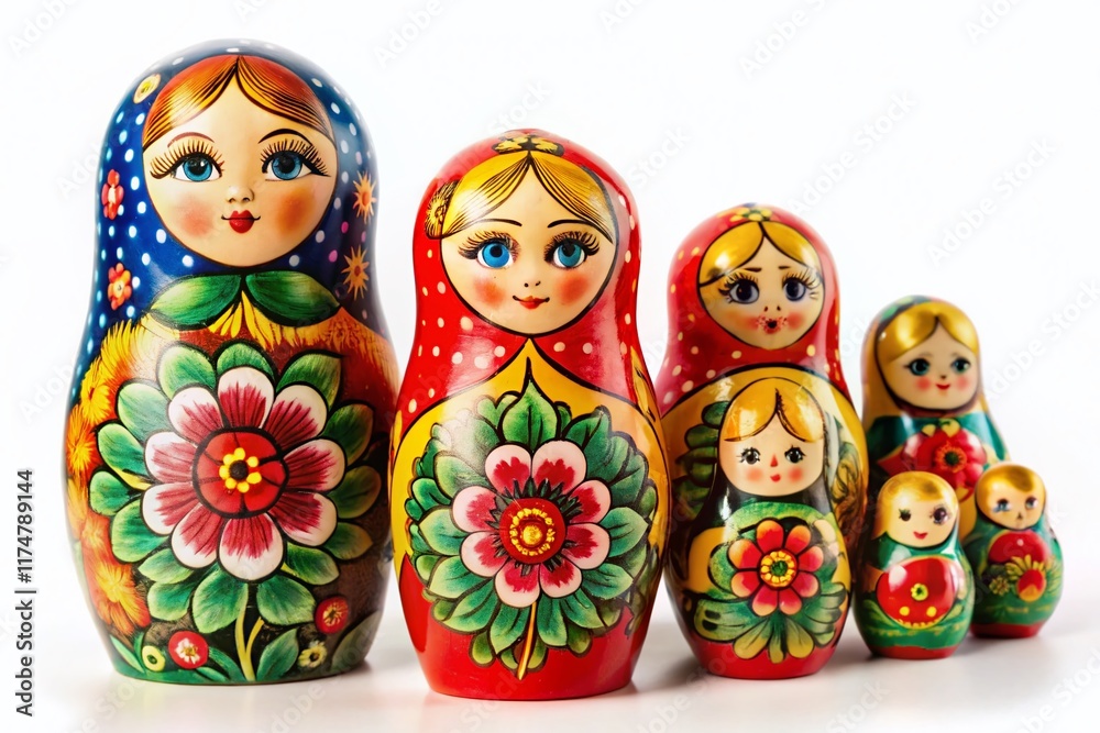 Colorful Russian Nesting Dolls Matryoshka in a Row on White Background - Stock Photo Colorful Russian Nesting Dolls Matryoshka in a Row on White Background - Stock Photo