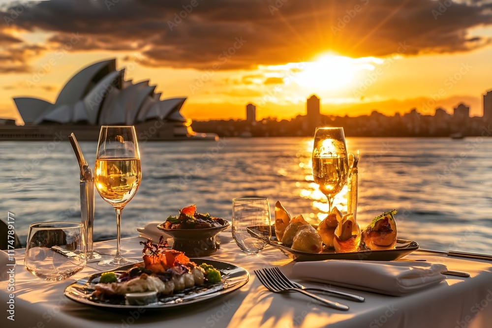 Fototapeta premium Savoring Exquisite Gourmet Dining with Mesmerizing Sydney Harbour Sunset