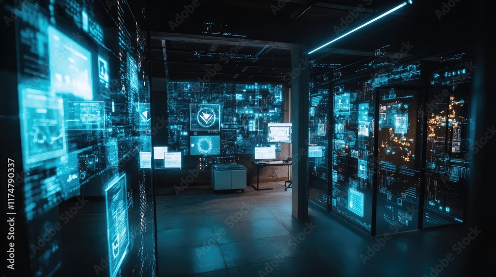 Futuristic Server Room Displays Data Streams And Network Information Futuristic Server Room Displays Data Streams And Network Information