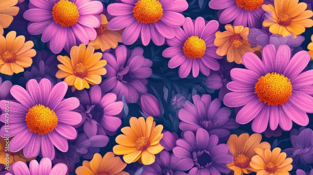 Obraz premium Vibrant Purple and Orange Flowers Blooming Together