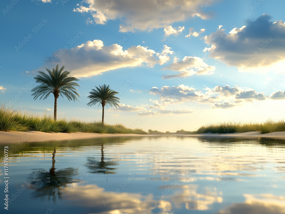 serene desert oasis with palm trees reflecting in calm water under blue sky serene desert oasis with palm trees reflecting in calm water under blue sky