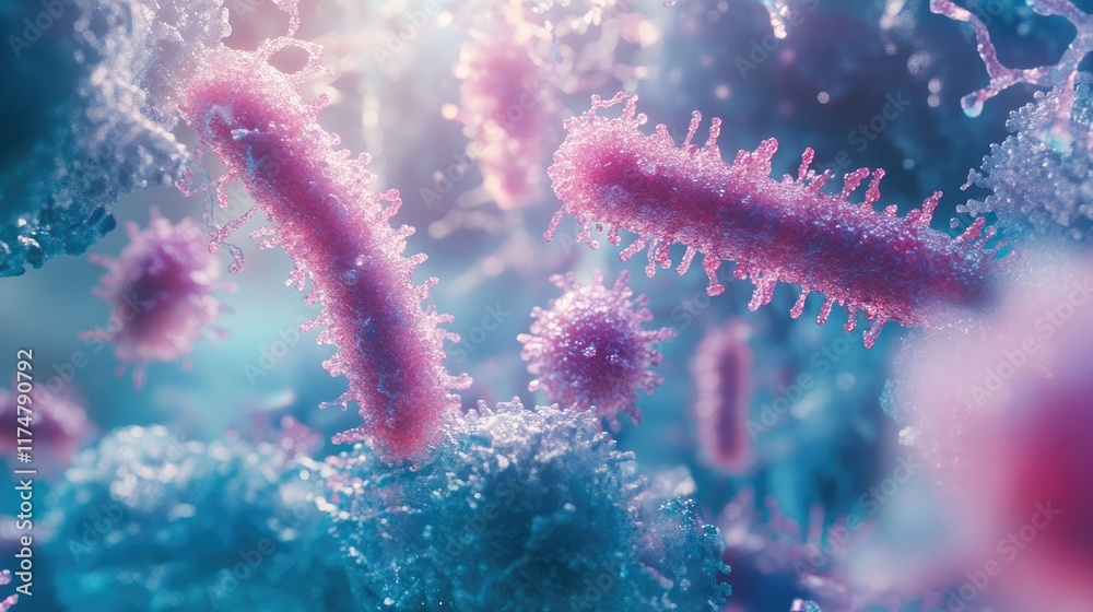 Fototapeta premium Microscopic View Of Pink And Blue Bacteria Clusters