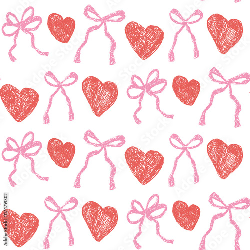 Hearts and coquette bow crayon drawn seamless pattern. Valentines day repeat background. Love and bowknots ribbon symbols endless backdrop. Romantic and girly date motif. Vector hand drawn cover.