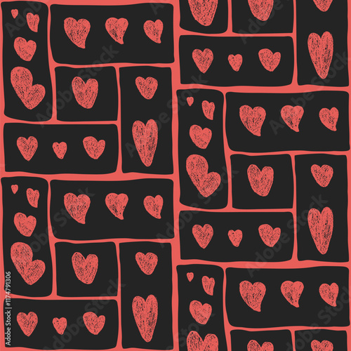Hearts crayon drawn seamless pattern. Valentines day modular repeat background. Love symbols endless backdrop. Vector hand drawn illustration.