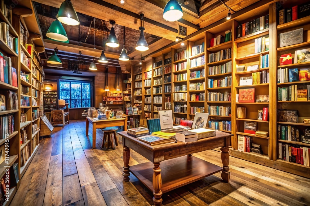 Cozy Bookstore Corner with Bookshelves and Empty Space for Text Cozy Bookstore Corner with Bookshelves and Empty Space for Text