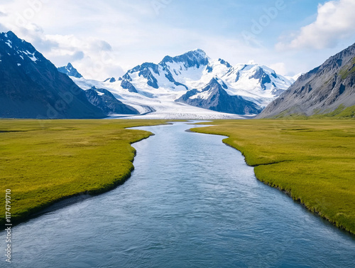 glacier fed river flows through lush green banks, surrounded by majestic mountains and stunning glacier backdrop photo