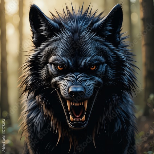 A black wolf with glowing eyes displays its fury. Generative AI