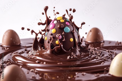 hocolate Easter egg surrounded by a dramatic splash of liquid chocolate, evoking a sense of indulgence and festivity photo