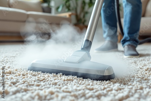 Close-up of a vacuum cleaner steaming a white carpet in a bright living room, showcasing a cleaning concept in natural light. Ai generative
