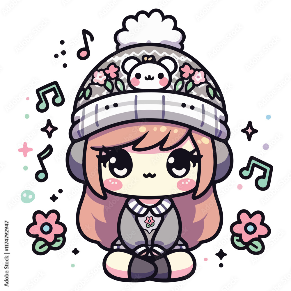 Kawaii-style girl sitting cross-legged, wearing a snow cap