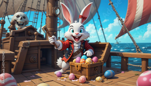 Cheerful easter bunny pirate captain, wearing a tricorne hat and buccaneer outfit, excitedly uncovering colorful easter eggs from treasure chests aboard a sailing ship.