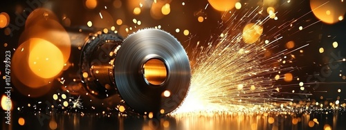 Industrial metalworking, sparks flying, angle grinder, dark workshop, glowing embers, bokeh lights, moody atmosphere, warm orange tones, close-up detail, high contrast, dramatic lighting, metal shavin photo