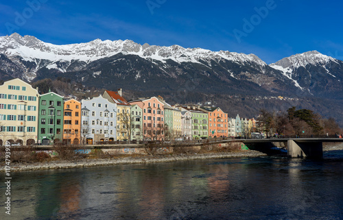 Innsbruck in Austria Tyrol with traditional buildings and Alpine peaks panoramic view karwendel photo