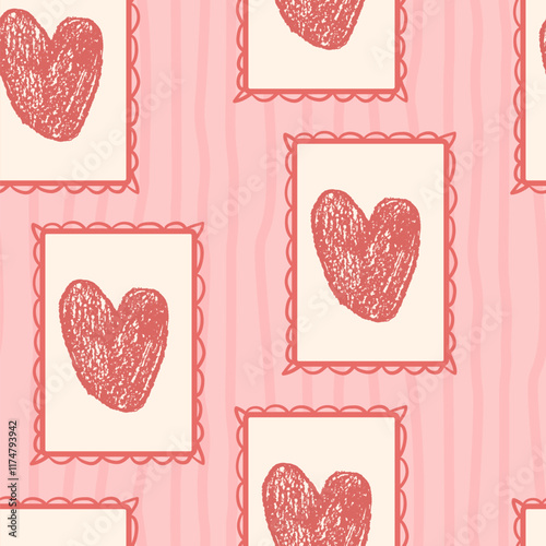 Hearts crayon drawn seamless pattern. Valentines day rectangular frames with love symbols repeat background. Vintage farmhouse backdrop. Romantic date striped wall motif. Vector illustration.